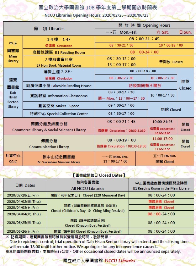 圖書館108學年度第2學期開放時間