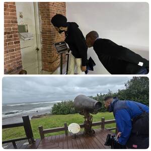 Nicholas Rugbart observing the French landing site; Nigerian scholars viewing the prison cell at the former British Consulate.(Photo by IMAS)(Open new window/jpg file)Image