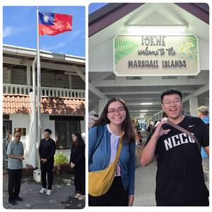 劉又名與Catherine Tadlock抵達馬紹爾群島，受到劉漢清公使歡迎。（照片來源：亞太碩）(另開新視窗/jpg檔)圖片