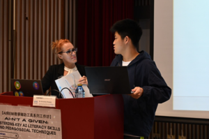 In addition to the exchange during the question-and-answer session, a number of participants stay behind after the talk to inquire more about the pedagogic applications of AI from Speaker Dr. Krisztina Domjan. (Photo by EMI Resource Center)(Open new window/png file)Image