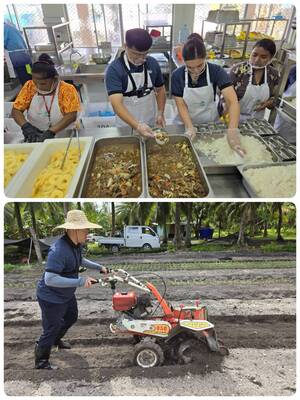 Yu-Ming Liu operates a tractor to prepare for vegetable planting, while Catherine Tadlock assists with preparing lunch at school. (Photo by IMAS)(Open new window/jpg file)Image
